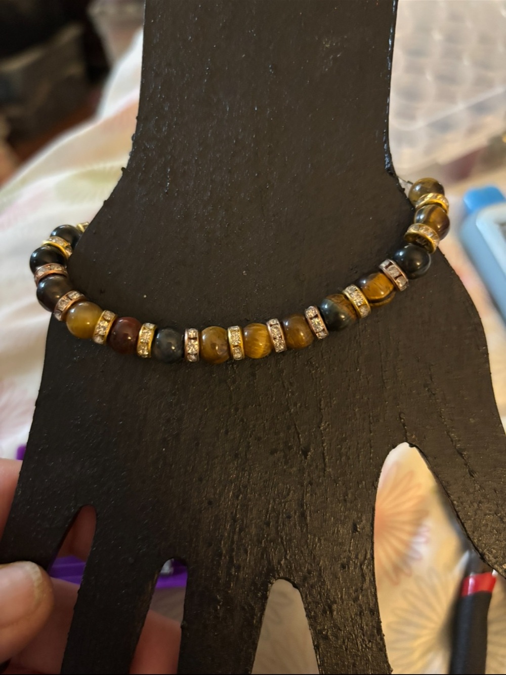 Tiger Eye Beaded Stretch Bracelet with Crystal Spacer Rings - Brown/Gold